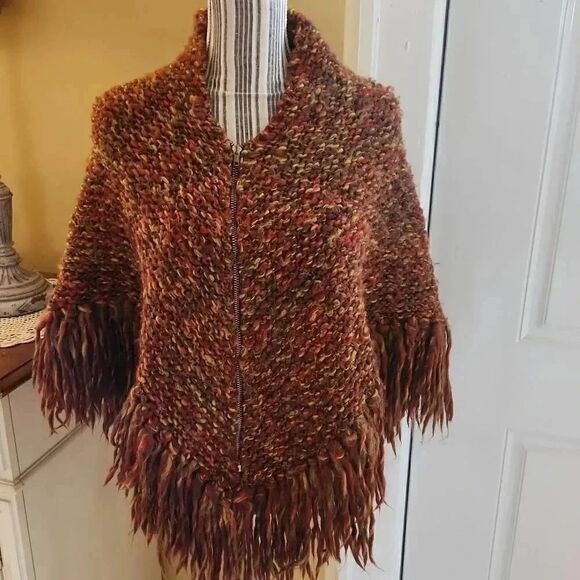 Handmade knitted rust and brown poncho women Small/Medium - Picture 1 of 8